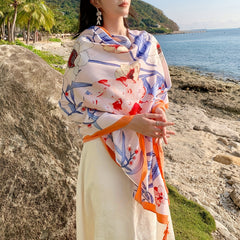 Orange Tassel Scarf Flower Print Shawl Outdoor Sunscreen Head Wrap