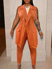 Striped Double Button Vest Coat & Pants 2 Piece Set