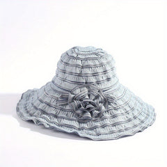 Pleated Sun Hat Flower Striped Bucket Hat Wide Brim