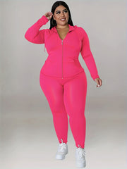 Solid Zip Up Hoodie & Pants Set Women's Plus Medium Stretch Sportswear