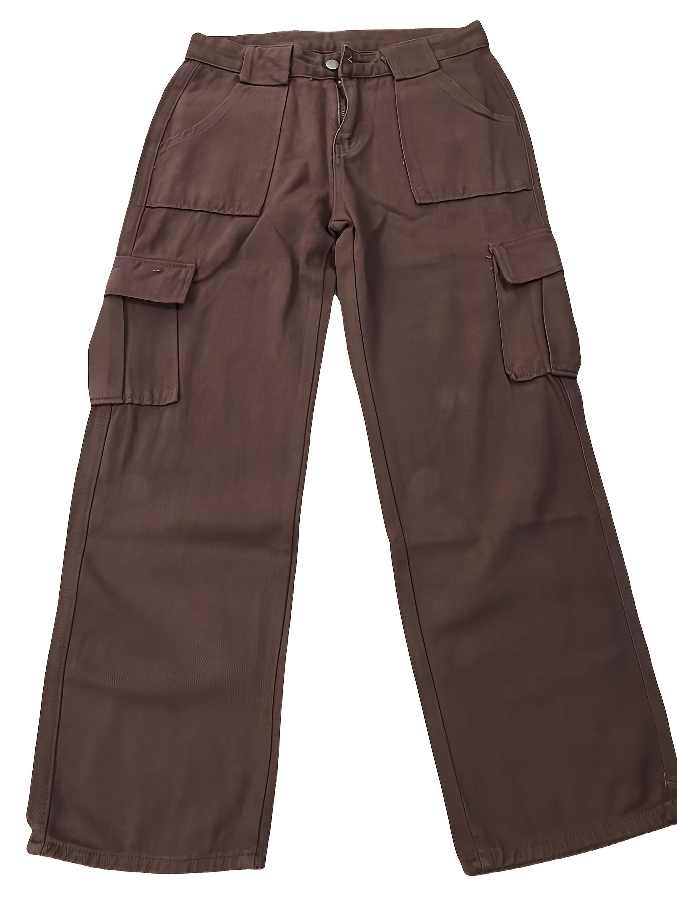 High Waist Flap Pockets Straight Leg Jeans Brown Slash Pockets Cargo Pants