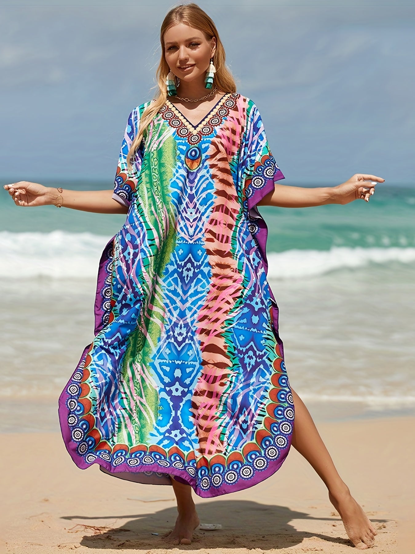 Boho Cover Up Dress Women's Plus Random Print Bat Sleeve V Neck