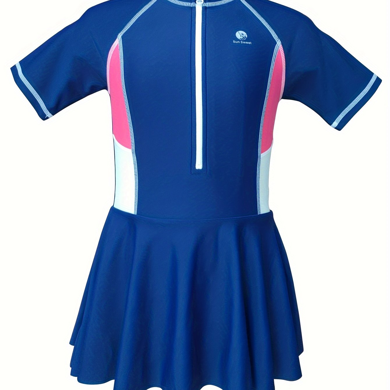 Girls Colorblock Short Sleeve 1pc Swimwear With Swim Cap