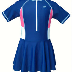 Girls Colorblock Short Sleeve 1pc Swimwear With Swim Cap