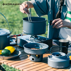KORAMAN Aluminum Camping Cookware Set Lightweight Pots Pans Teapot with Mesh Bag