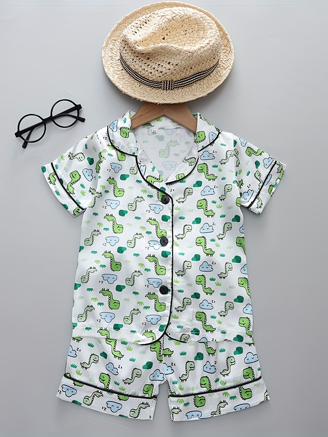 Boys Dino Print Pajamas Set Short Sleeves Tops & Bottoms Cozy Homewear