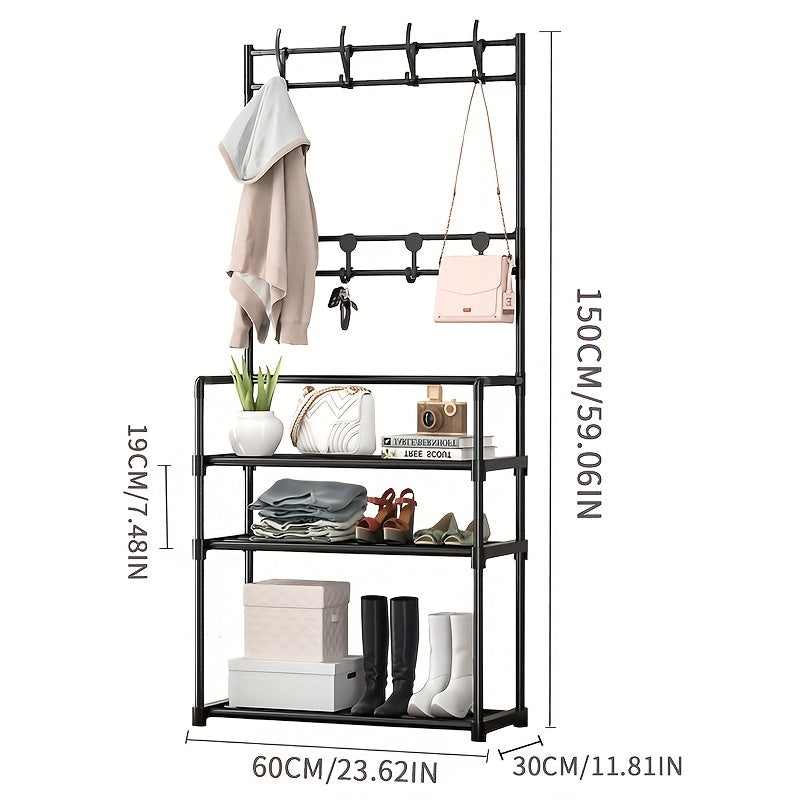 Standing Coat Rack with 3-4 Layers of Storage and 8 Double Hooks
