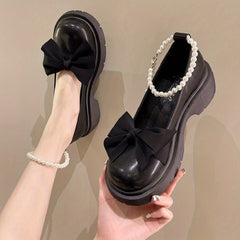 Women's Bowknot Loafers Faux Pearl Chain Shoes