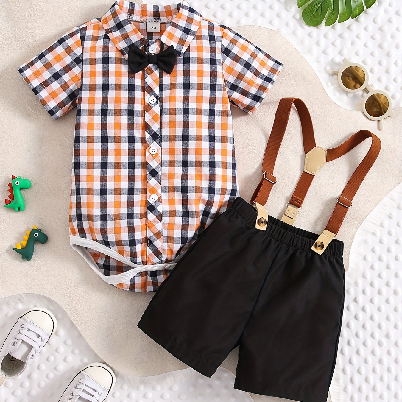 Plaid Outfit Baby Boys 2pc Bowtie Shirt & Suspender Shorts Set