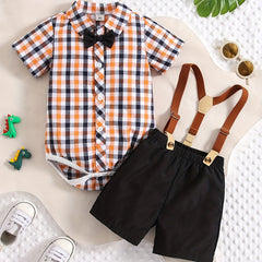 Plaid Outfit Baby Boys 2pc Bowtie Shirt & Suspender Shorts Set
