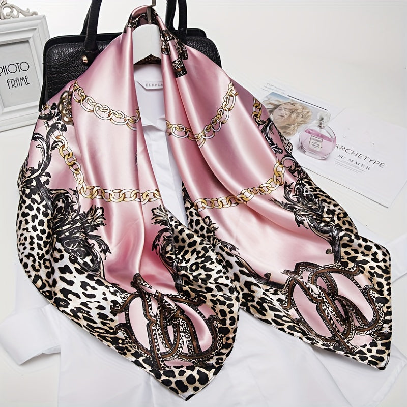 Leopard Print Pink Silk Vintage Square Scarf Large Shawl Women Headwrap