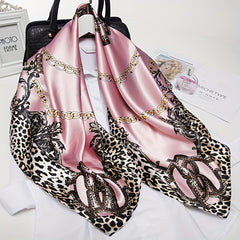 Leopard Print Pink Silk Vintage Square Scarf Large Shawl Women Headwrap