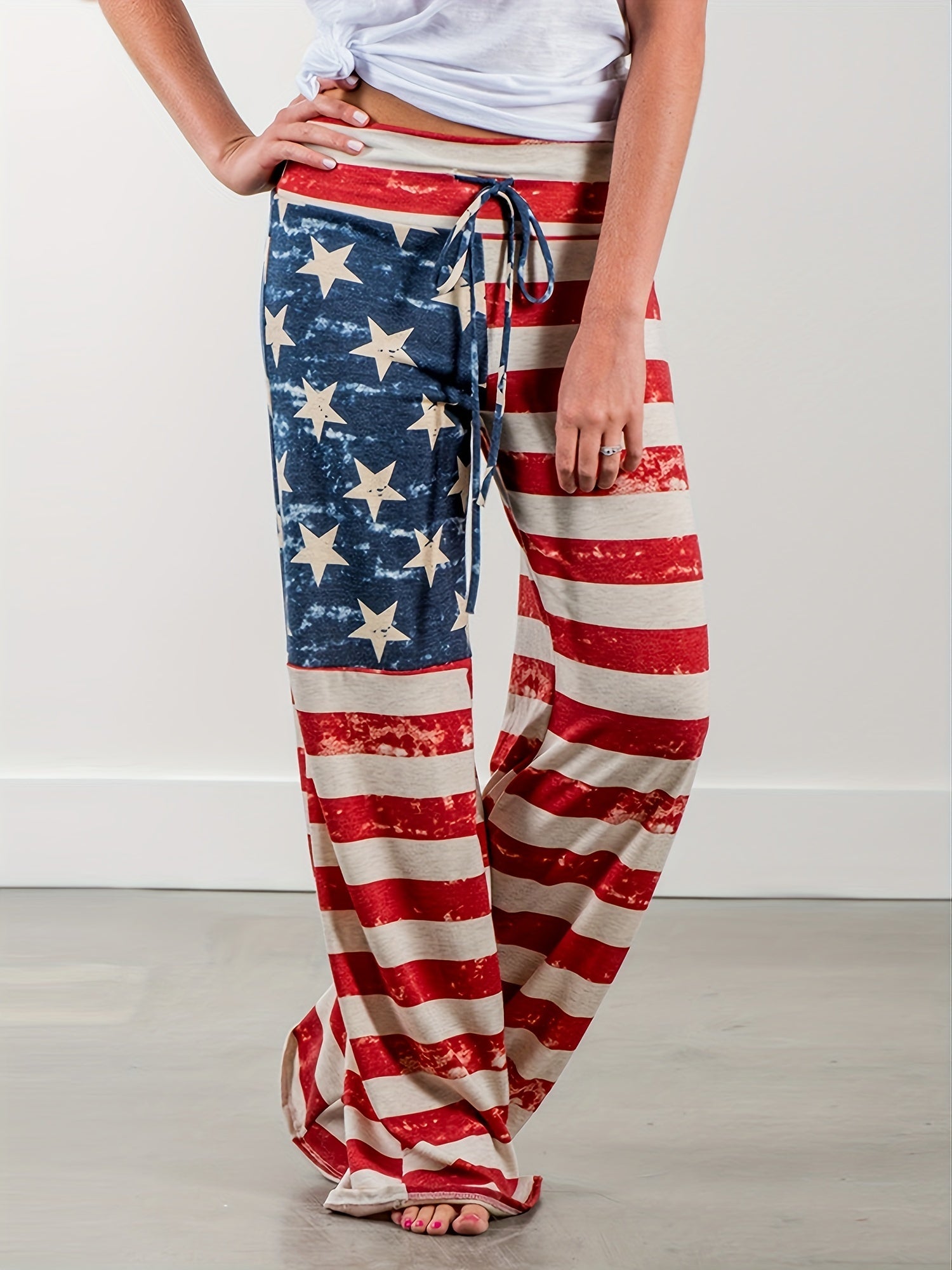 Striped Print Drawstring Pants Casual Wide Leg Palazzo Pants