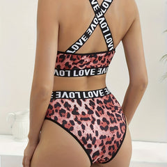 Leopard Bra Panties Criss Cross Back Bra Letter Print Panties