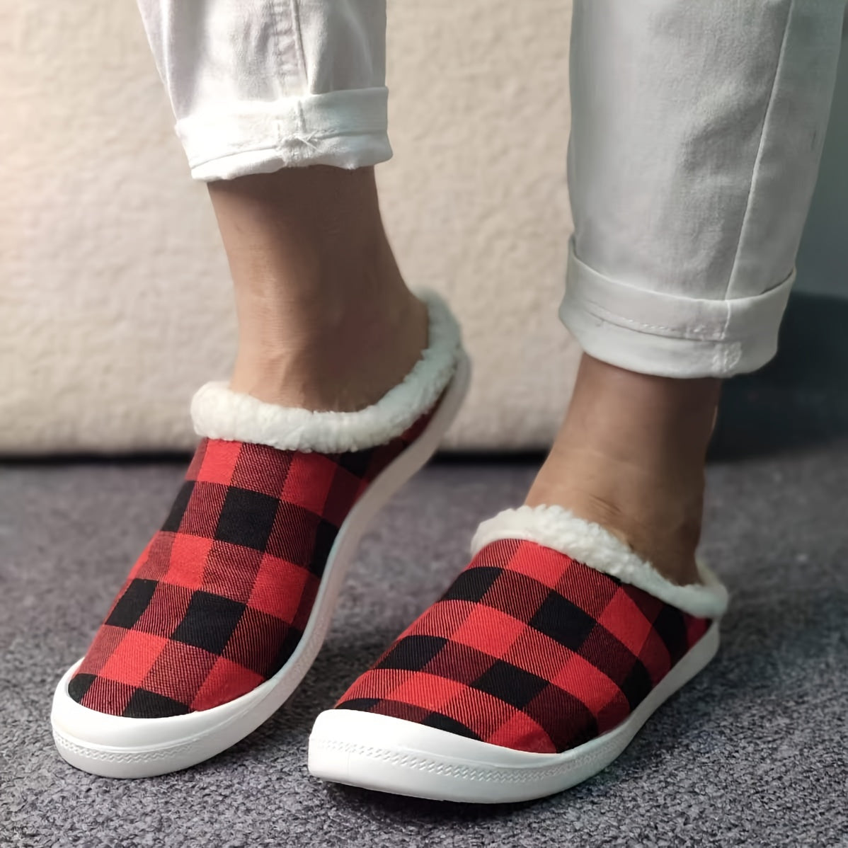 Women's Red Plaid Winter Slip-On Sneakers Lightweight Comfortable Flat Shoes
