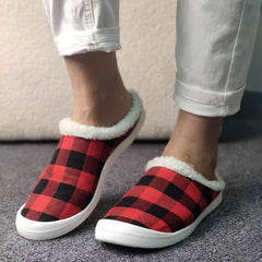 Women's Red Plaid Winter Slip-On Sneakers Lightweight Comfortable Flat Shoes