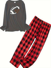 Sporty Lounge Set Women's Plus Rugby Print Tee & Plaid Pants