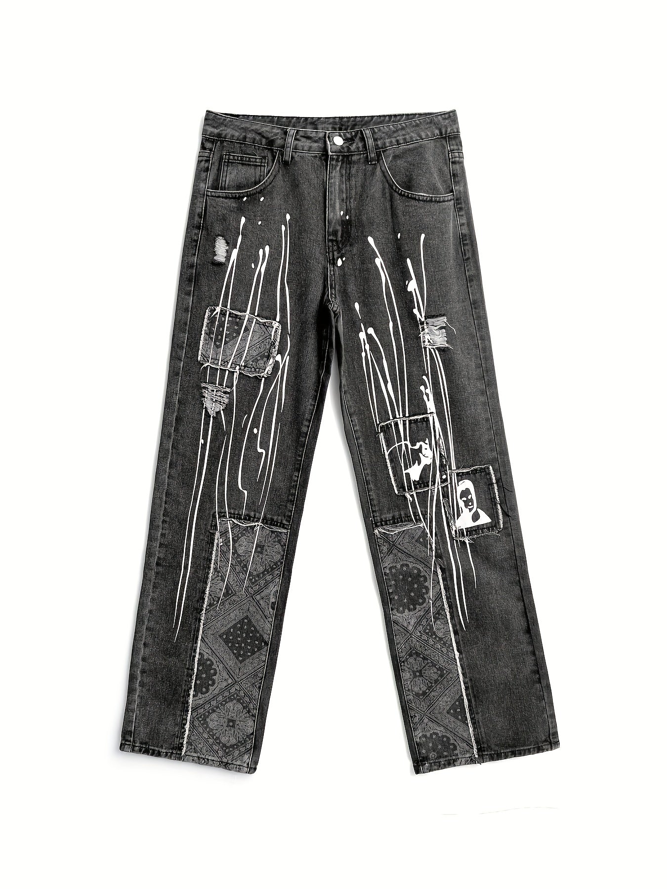 Hip Hop Printed Jeans Mens Casual Vintage Loose Fit Wide Leg Denim Pants