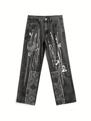 Hip Hop Printed Jeans Mens Casual Vintage Loose Fit Wide Leg Denim Pants