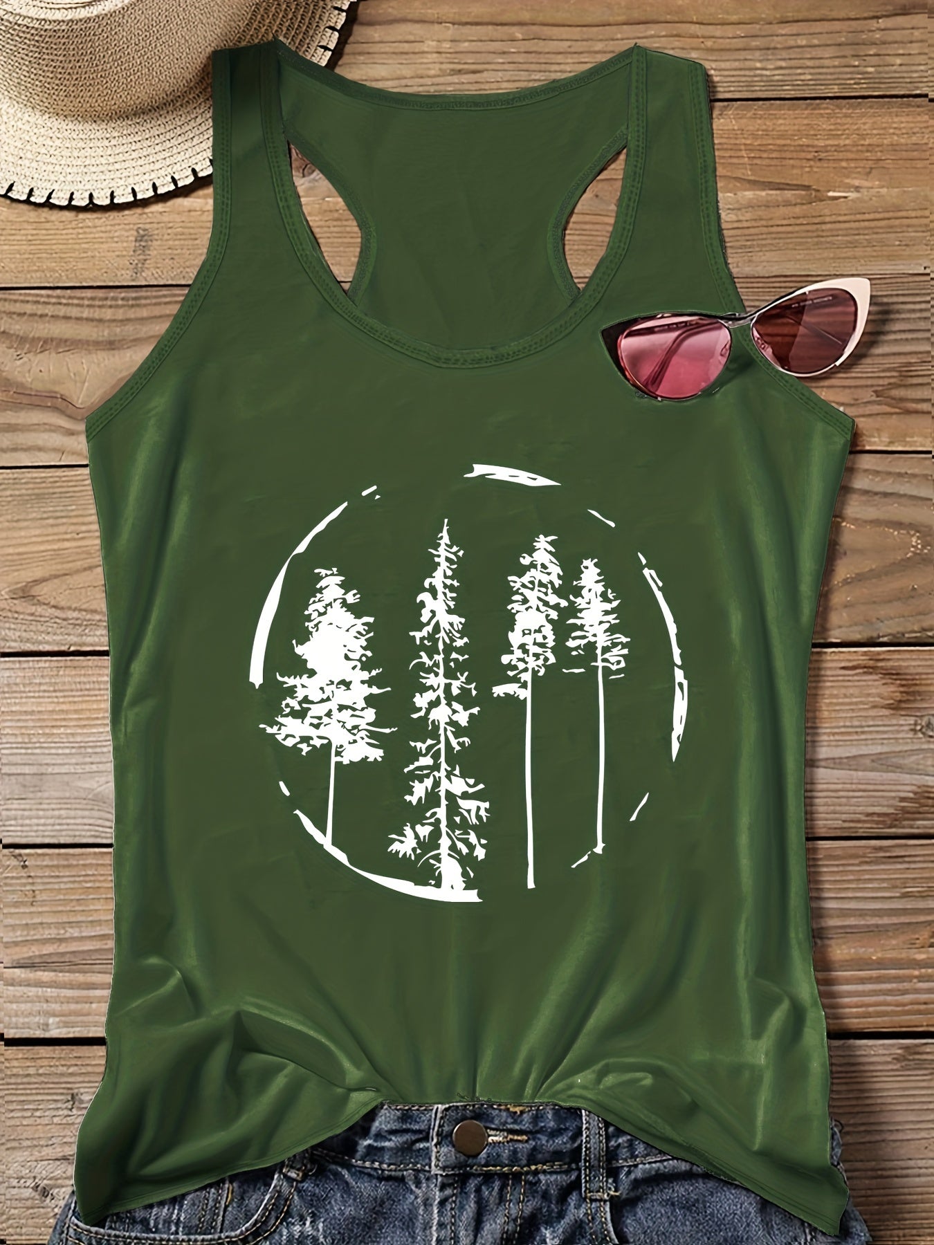 Tree Print Round Neck Vest Top Women's Plus