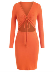 Y2K Knot Front Cut Out V Neck Long Sleeve Bodycon Dress