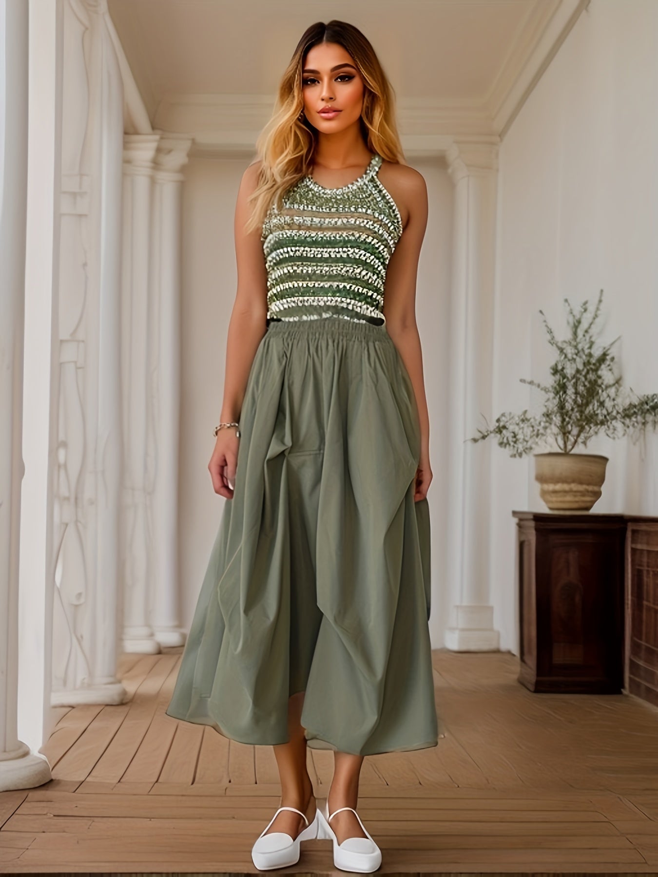 Solid Frill Elastic Waist Skirt for Spring & Summer