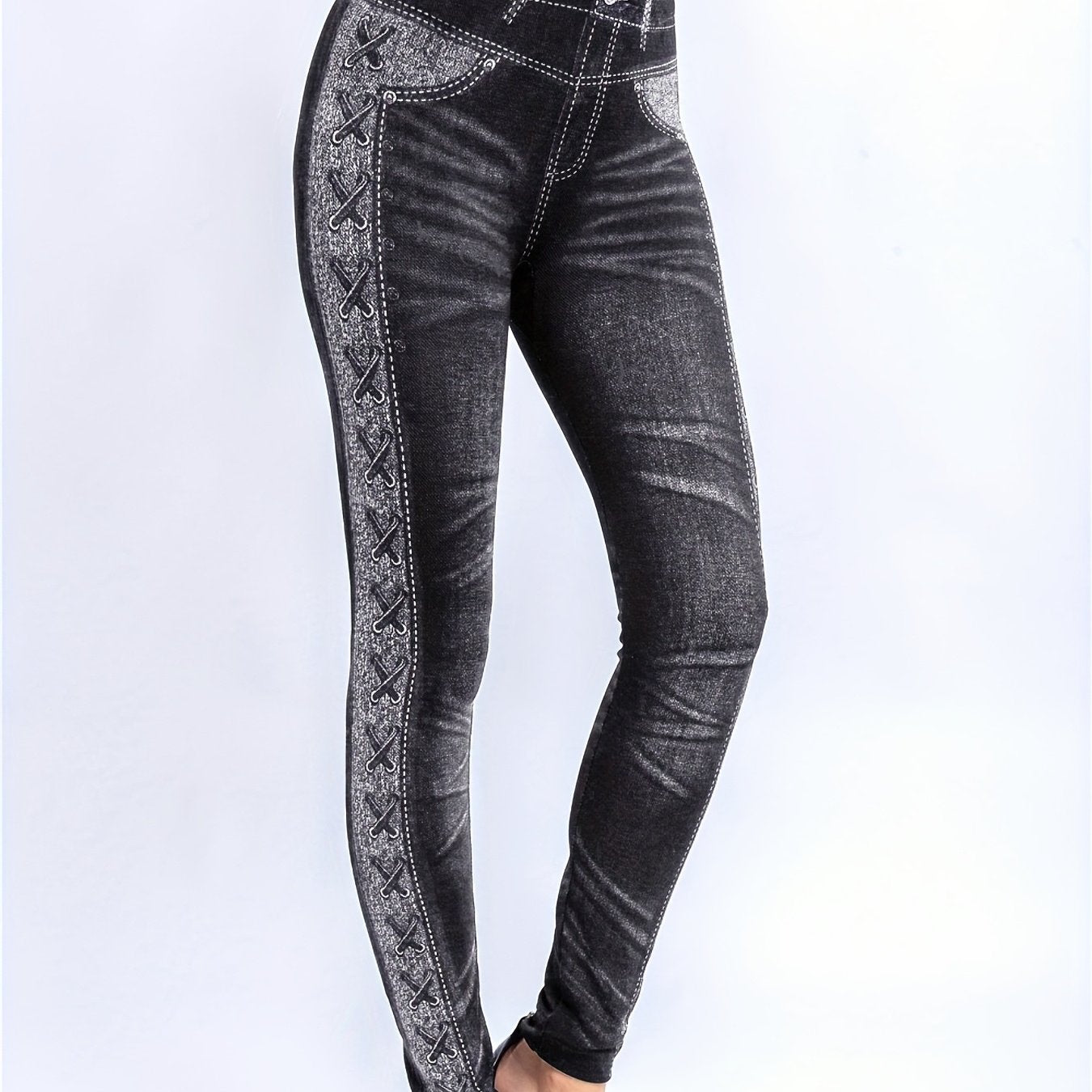 Denim Print Skinny Leggings Casual High Waist Stretchy Leggings
