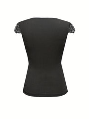 Lace Cap Sleeve Solid V Neck Top