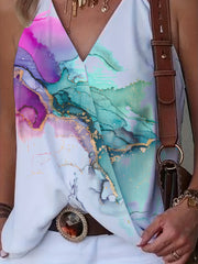 Marble Print Halter Neck Top Sexy V Neck Backless Halter Top