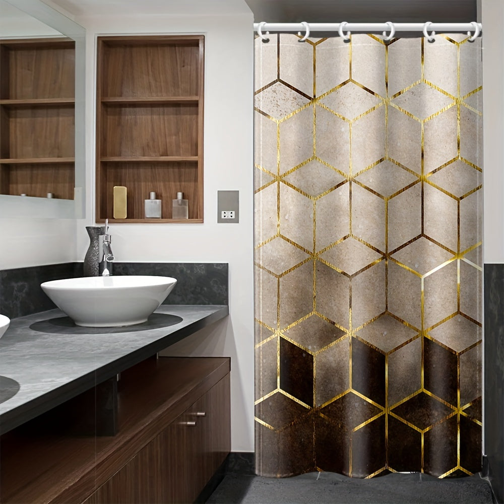 Brown Gradient Shower Curtain Honeycomb Plaid Print With Hooks