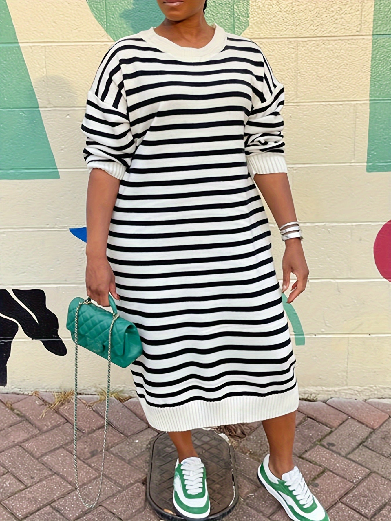 Preppy Dress Women's Plus Stripe Print Loose Fit
