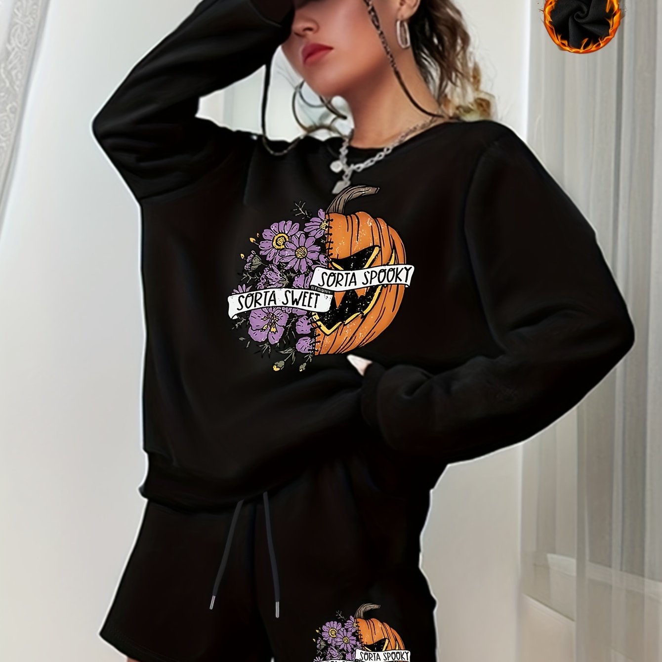 Women's Plus Pumpkin Print Sweatshirt & Shorts 2pcs Set