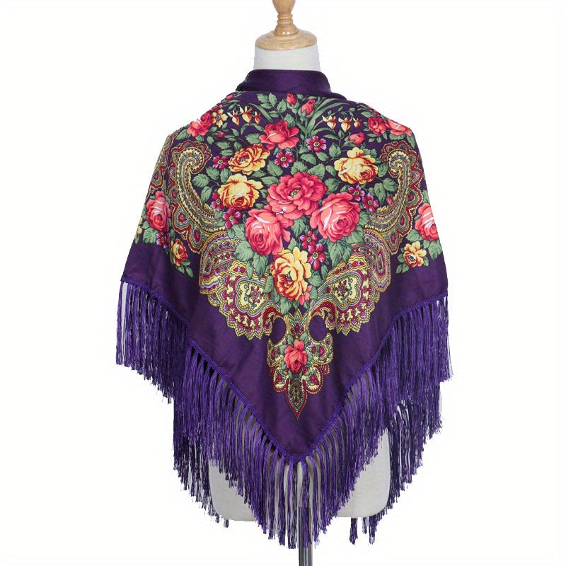 Flower Print Tassel Shawl Boho Square Scarf Vintage Wrap