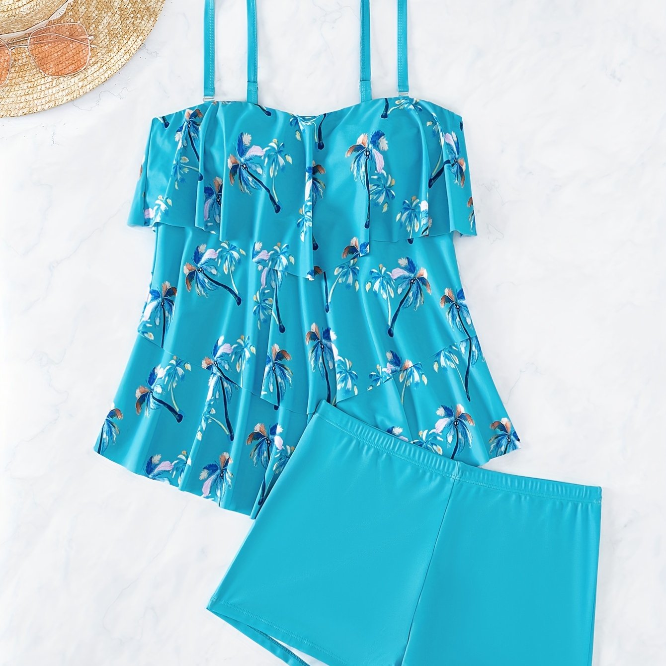 Palm Tree Tiered Layer Ruffle 2 Piece Tankini Set Swimsuit Women's Swimwear