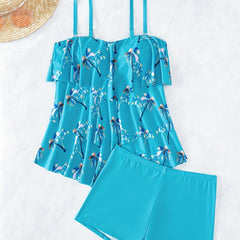 Palm Tree Tiered Layer Ruffle 2 Piece Tankini Set Swimsuit Women's Swimwear