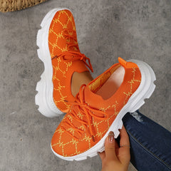 Women's Geometric Pattern Lace Up Sneakers Breathable Knit Chunky Shoes