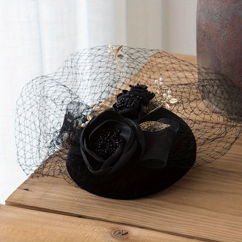 French Style Fascinators Hats Flower Golden Leaf Decor Veil Bridal Wedding Tiara