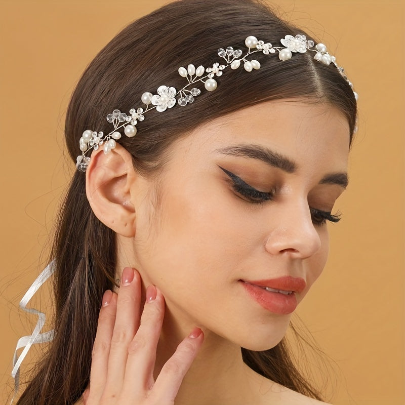 Faux Pearl Flower Headband Tiara For Women Bride Party Wedding