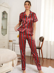 Striped Pajama Set Short Sleeve Button Up Top & Pants Women's Sleepwear