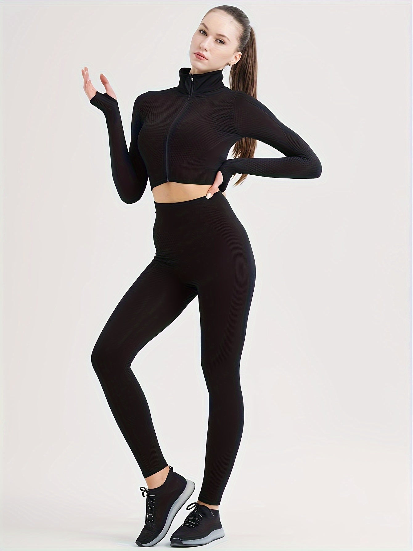 2pcs Yoga Workout Set Long Sleeve Zip Up Sports Tops & Leggings Suit