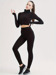 2pcs Yoga Workout Set Long Sleeve Zip Up Sports Tops & Leggings Suit