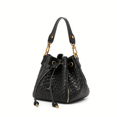 Mini Woven Drawstring Bucket Bag PU Crossbody Bag Women's Casual Shoulder Purse