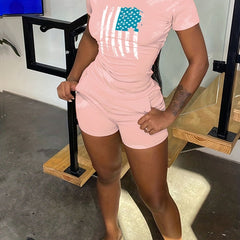 Flag Print Short Sleeve T shirt & Biker Shorts Set