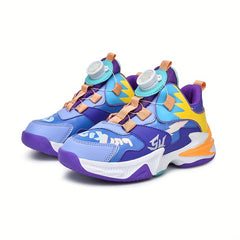 Boy's Color Block Basketball Shoes - Rotating Buckle Non Slip Sneakers