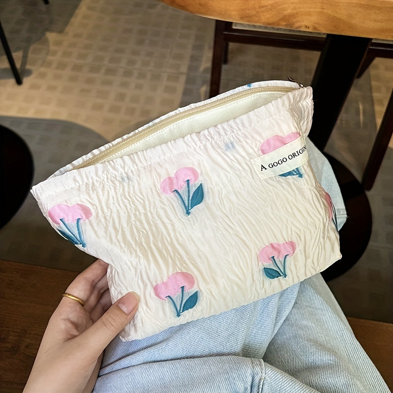 Flower Pattern Ruched Cosmetic Bag Portable Travel Makeup Bag
