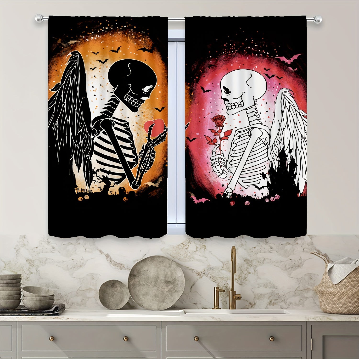 2 Panel Skull Printed Curtains Rod Pocket Top Window Drapes