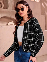 Plaid Print Cropped Jacket Open Front Long Sleeve