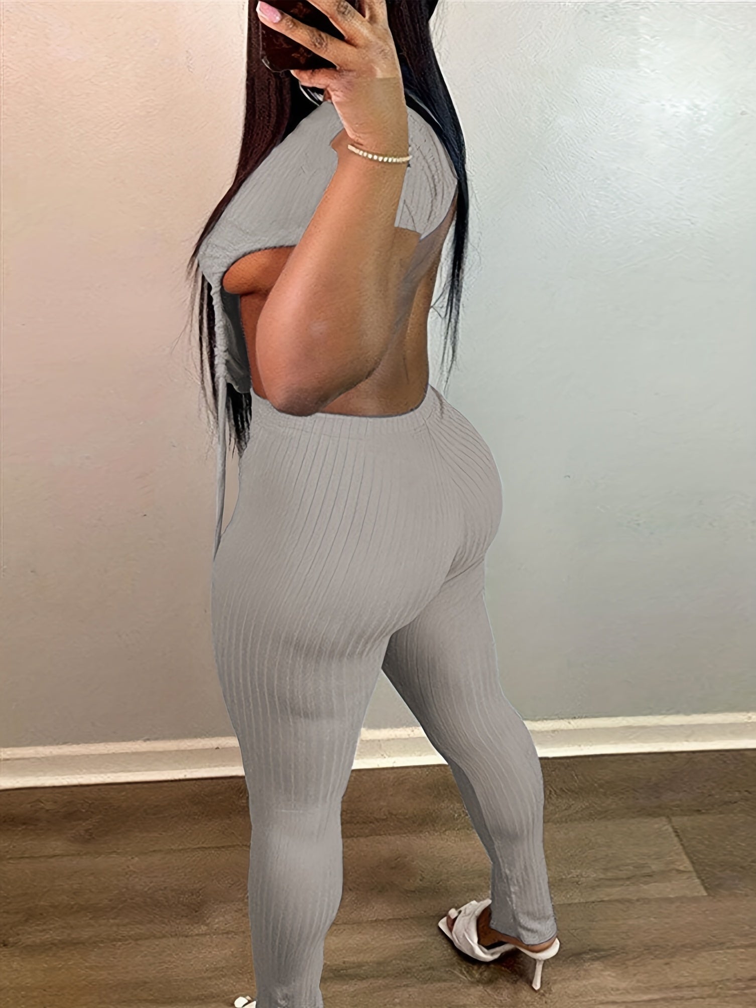 Solid Sexy 2pc Set Backless Drawstring Tops & Split Slim Pants Outfits