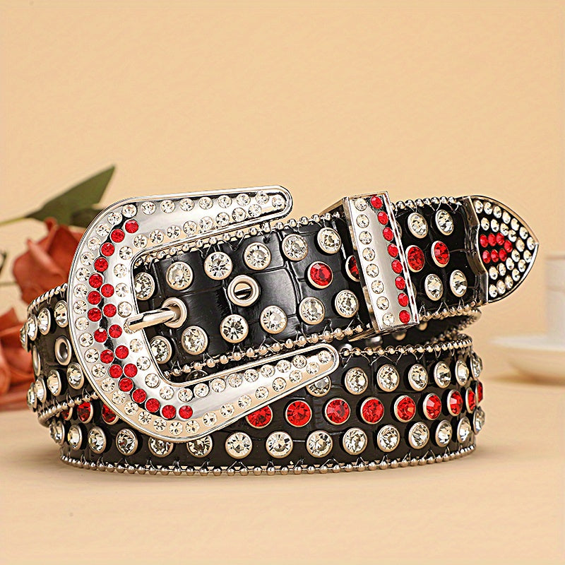 Crocodile Pattern PU Belt Colorful Rhinestone Inlaid Belts