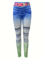 High Waist Denim Print Yoga Pants